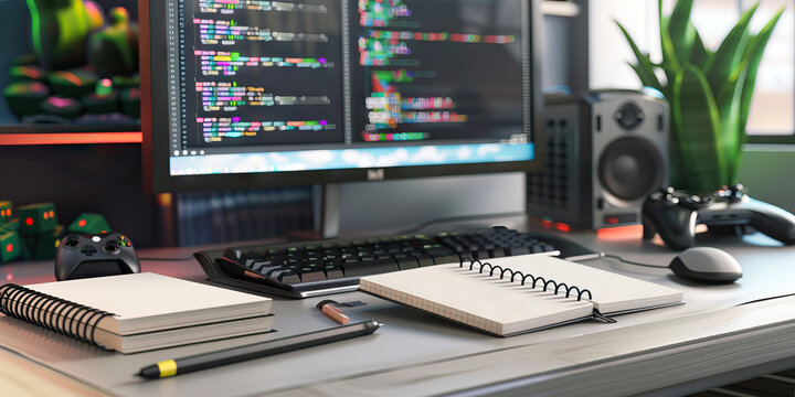 The Programmer's Playground: Desk with a large monitor, coding notebooks, and a gaming console.