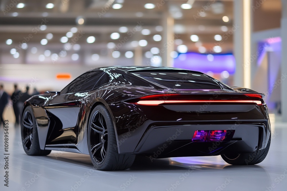 Aufkleber a concept car on display at an auto show, surrounded by futuristic lighting and an intrigued audienc