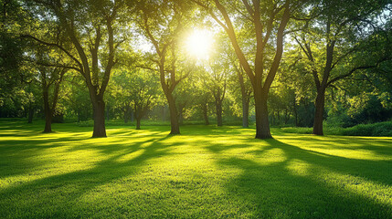 Sunlight filters through trees in a lush green park during early morning hours