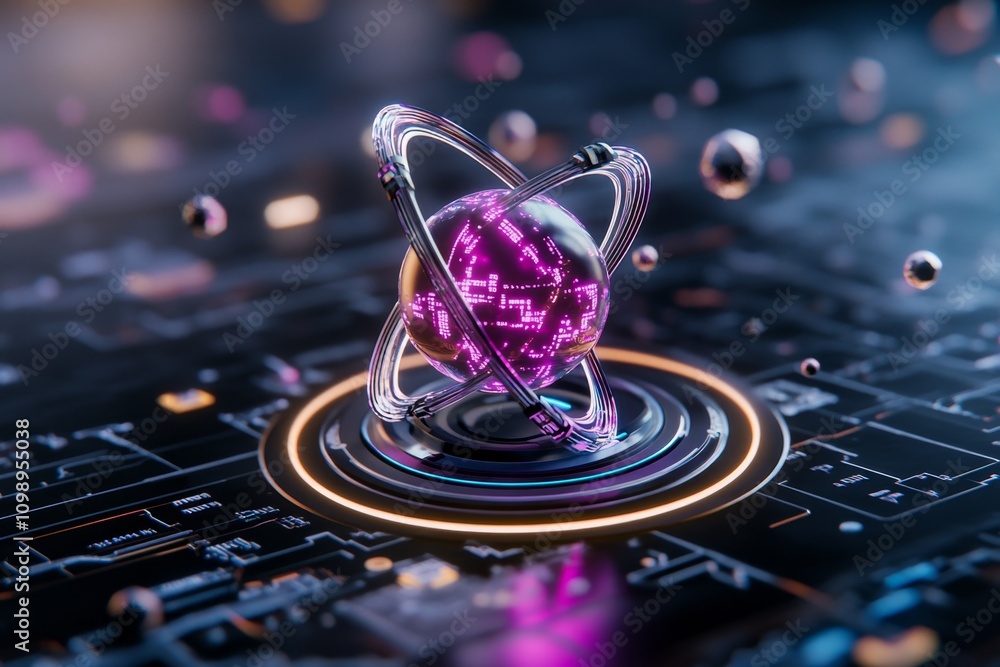 Poster a cyberpunk-themed atom glowing with neon lights and surrounded by digital particles, floating in a 