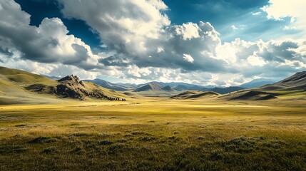 Fototapeta premium Vast Meadow Landscape with Mountains and Dramatic Sky
