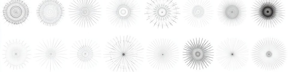 Obraz premium Geometric Sunburst Patterns with Lines and Rays in Monochrome