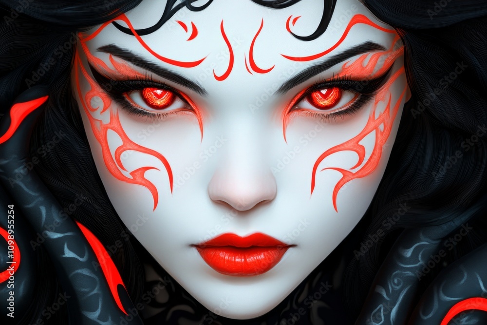 Poster a dark gothic avatar shrouded in swirling shadows, with glowing red eyes and intricate patterns of l
