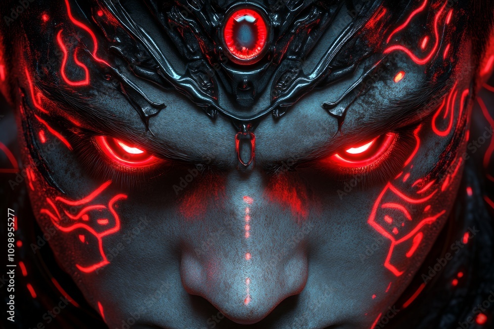 Poster a dark gothic avatar shrouded in swirling shadows, with glowing red eyes and intricate patterns of l