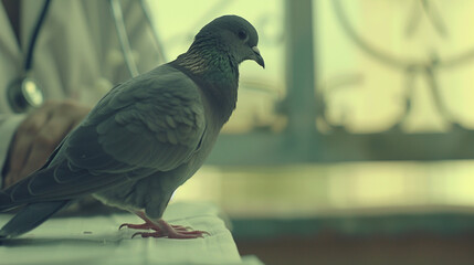 Obraz premium Close-up of veterinarian examining a sick bird with a stethoscope, bird perched on sterile examination table, focusing on attentive face and delicate feathers.