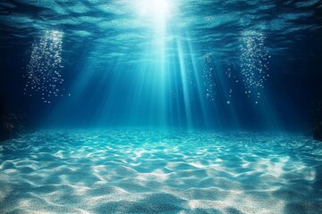 Fototapeta premium Underwater Scene with Sunlight Rays and Tropical Fish in Clear Blue Ocean