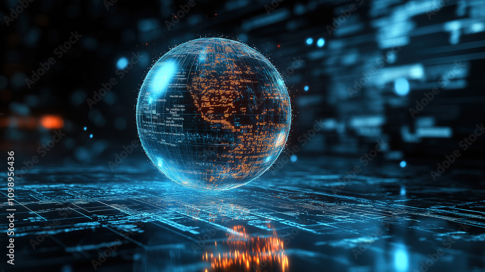 Poster globe spinning with mathematical formulae and information flowing on a dark background