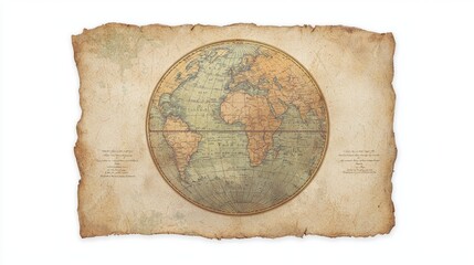 Vintage Antique Globe Illustration on Parchment with Detailed Continents and Oceans in Soft Earth Tones for World Exploration Concept