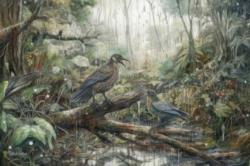 Fototapeta premium a dense forest landscape, full of greenery and vegetation. In the foreground are two large exotic birds with bright plumage. 