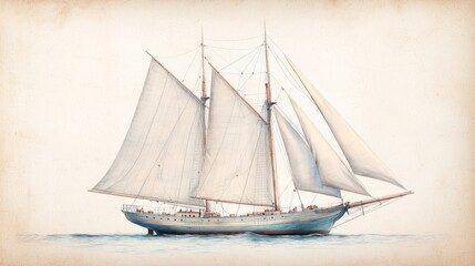 Obraz premium Vintage Hand-Drawn Sailboat Illustration on Aged Paper - Nautical Adventure Artwork in Soft Blues and Creams
