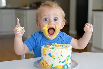 A toddler smashing their first birthday cake, covered in frosting and giggling with delight