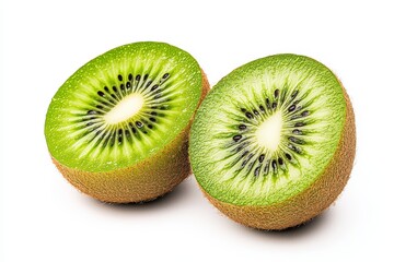 Fototapeta premium Two Halved Kiwis Revealing Bright Green Flesh and Texture