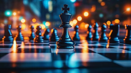 Chessboard with Black Pawn in Urban Night Scene with Blurred City Lights
