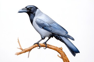 Obraz premium A watercolor painting of a black bird perched on a branch, with soft gradients of gray and subtle highlights blending into the background