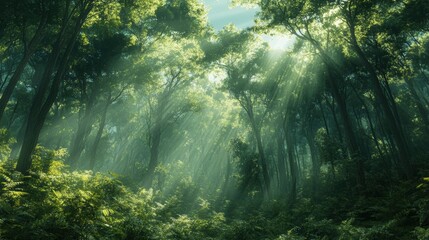 Lush green forest with towering trees and sunlit beams