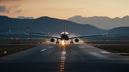 A Commercial Airplane Taking Off at Sunset with a Beautiful Mountain Landscape in the Background, Enhancing the Journey Experience for Travelers