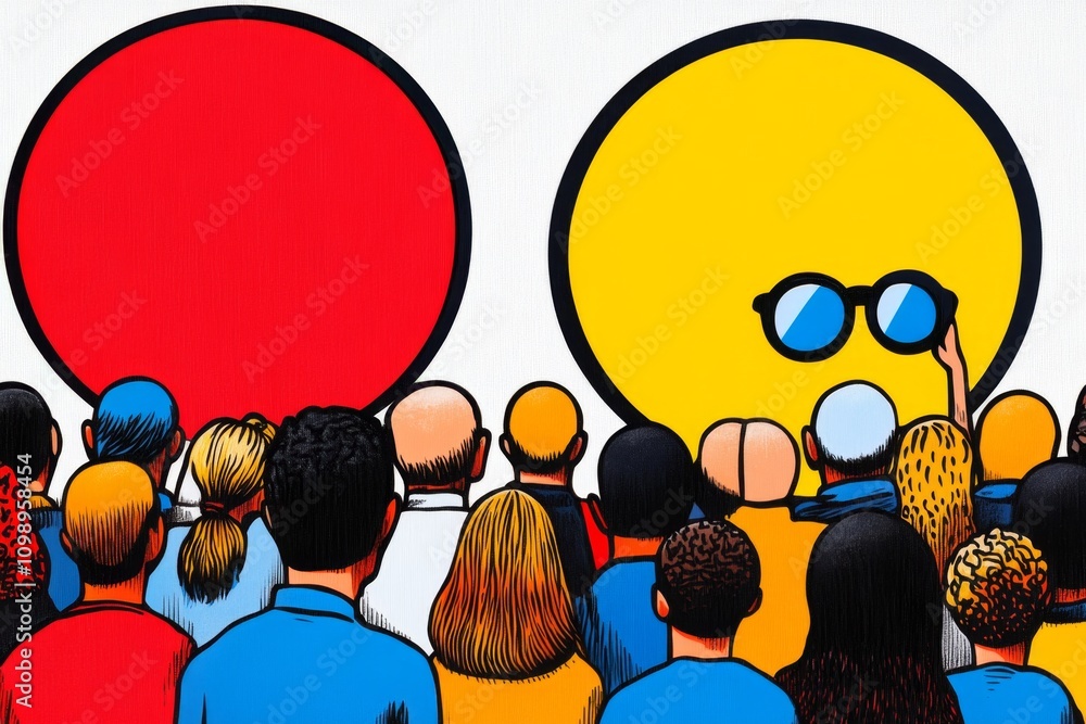 Poster a flat design 2d illustration of an audience at a theater, drawn with simplified shapes and bright c