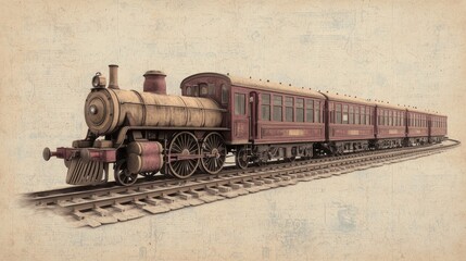 Obraz premium Nostalgic Vintage Toy Train Illustration on Weathered Paper | Detailed Sketch of Childhood Memories and Playtime Fun