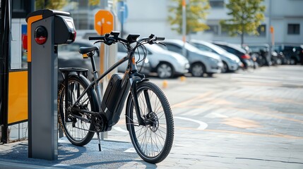 Naklejka premium A black electric bike is parked next to a charging station on a city street.
