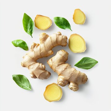 Fresh Ginger Root Slices Green Leaves Isolated on White Background Healthy Organic Spice for Cooking Immunity Nourishment Herbal Medicine