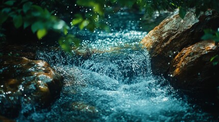 Clear water flows over rocks in a lush forest.