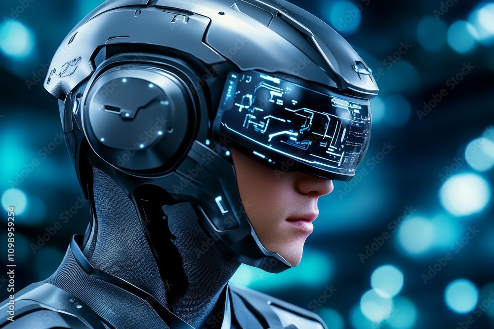 Poster A futuristic avatar dressed in a high-tech suit, controlling a holographic interface in a neon-lit control room