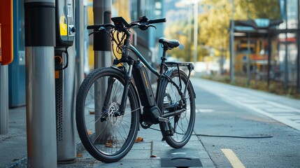 Obraz premium An electric bicycle parked next to a charging station.
