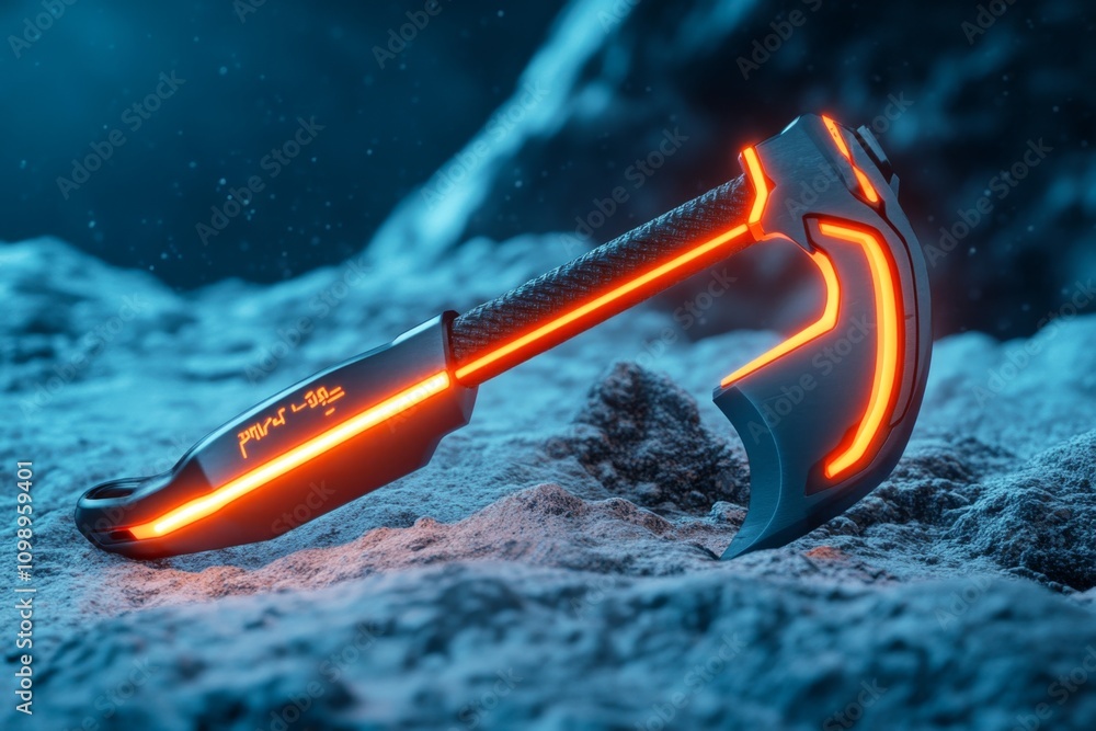 Poster a futuristic axe pick with glowing neon edges and a carbon fiber handle, set against a high-tech mou