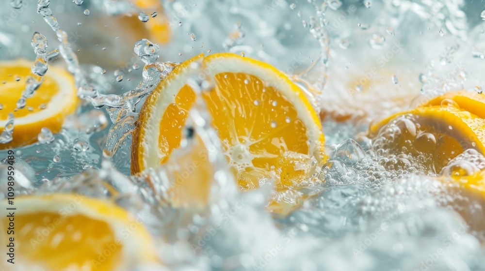 Poster refreshing lemon slices splashing in water