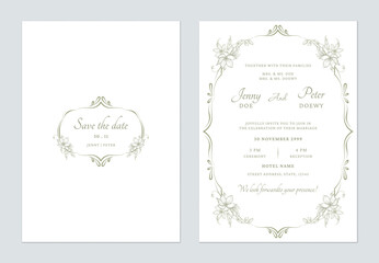 Wedding invitation template set feature a delicate green floral border with intricate details on a white background, creating a romantic and timeless feel
