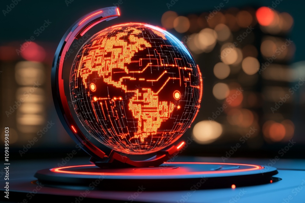 Poster a futuristic holographic display showing global awareness data with virtual earth projections and gl