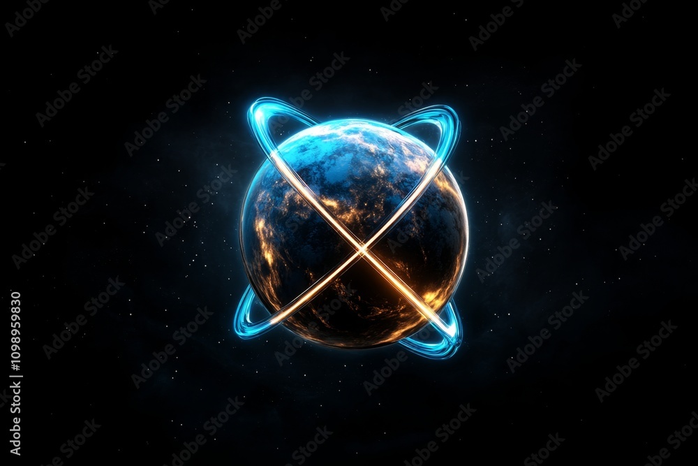 Poster a futuristic representation of an atom, with neon-glowing orbits and particles, floating in a dark v