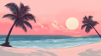 Fototapeta premium Vaporwave synthwave beach landscape with palm trees illustration,. Vaporwave. Illustration