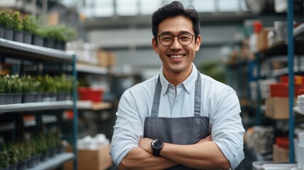 Fototapeta premium Smiling Asian Technician in Sustainable Equipment Store