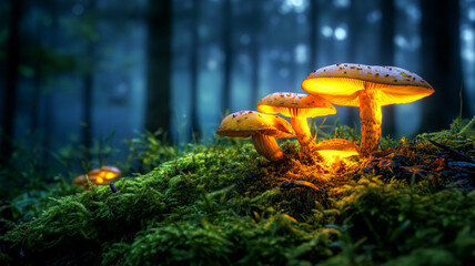 Glowing Mushrooms in Mystical Forest at Dusk