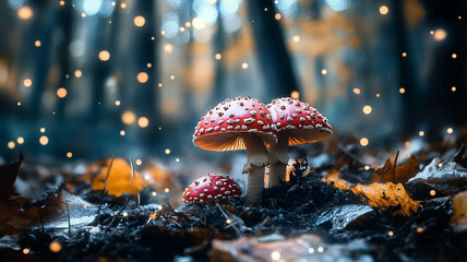Magical Fly Agaric Mushrooms with Glowing Fairy Lights in Enchanted Forest