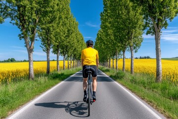 Fototapeta premium A cyclist riding through a quiet countryside road lined with tall poplar trees under a bright blue sky