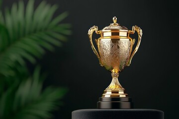A hyper-realistic award ceremony trophy on a velvet-lined podium, with intricate reflections and stunning lighting details