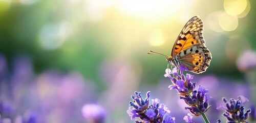 Obraz premium Butterfly on Lavender Flowers in Sunny Summer Nature with Bokeh Background and Soft Sunlight