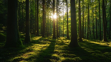 Obraz premium Sunset in a lush green forest. Nature, peace, tranquility.