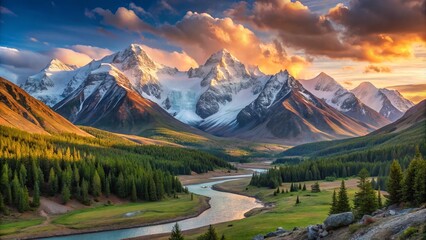 Naklejka premium Breathtaking Panoramic Beauty Day in the Altay Mountains with Stunning Low Light Photography Capturing Majestic Peaks and Serene Landscapes at Dusk