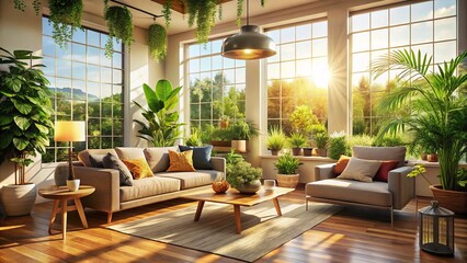 Fototapeta premium Bright and Airy Living Room on a Sunny Day, Showcasing Cozy Decor, Natural Light, and Vibrant Indoor Plants for Inviting Atmosphere and Relaxation