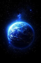 Fototapeta premium Earth in Space Vibrant Blue Planet Surrounded by Stars and Glowing Sun