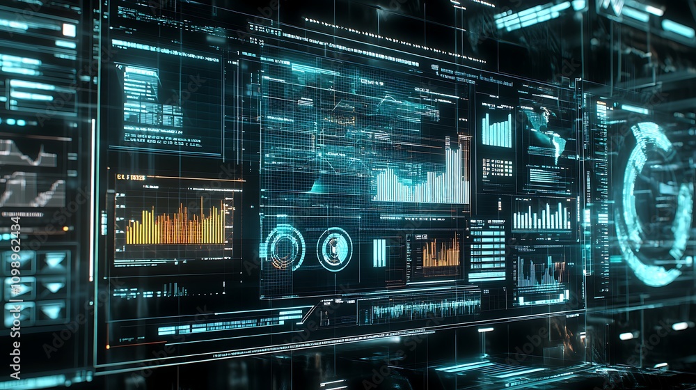 Poster futuristic tech interface: network of data streams and graphs