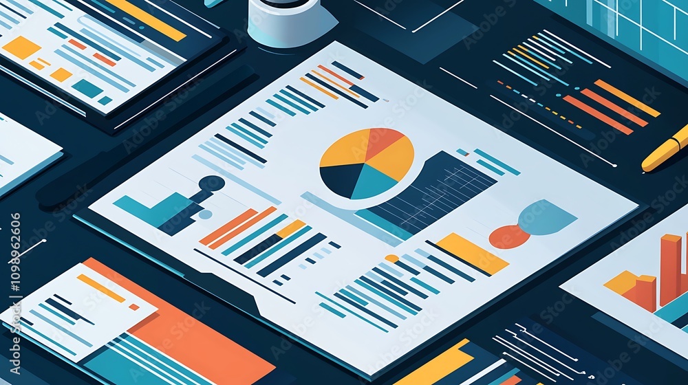 Poster isometric illustration of business data analysis charts and graphs