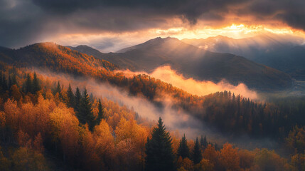 Obraz premium Stunning autumn landscape showcases mountains, forests, and golden foliage at sunset