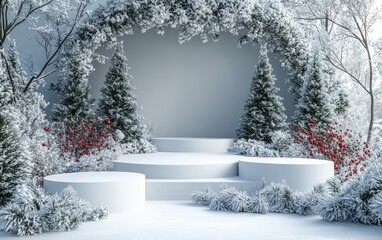 A realistic winter vacation product model scene. Empty product stand. There should be plenty of space around the showcase, with a winter festival atmosphere in the background