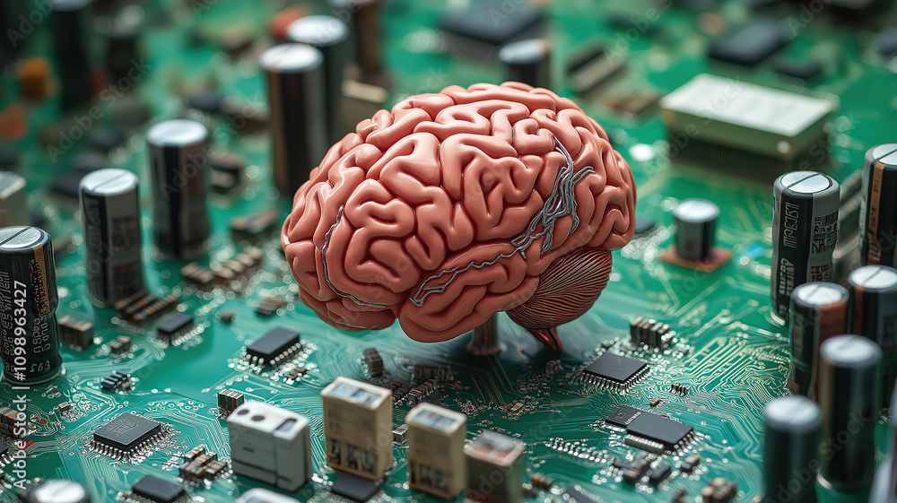 Poster brain surrounded by circuit boards in the background representing artificial intelligence technology