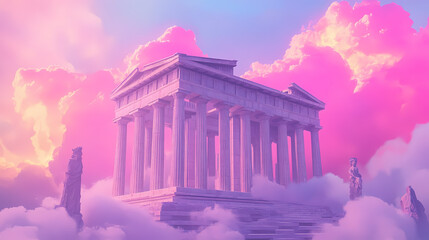 Obraz premium Parthenon construction with cloud sky in retrowave city pop design, vaporwave style colors concept, generative ai. Vaporwave. Illustration