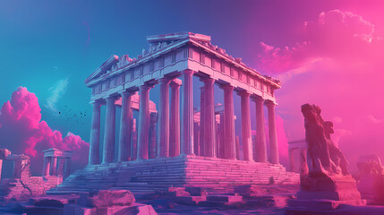 Obraz premium Parthenon construction with cloud sky in retrowave city pop design, vaporwave style colors concept, generative ai. Vaporwave. Illustration